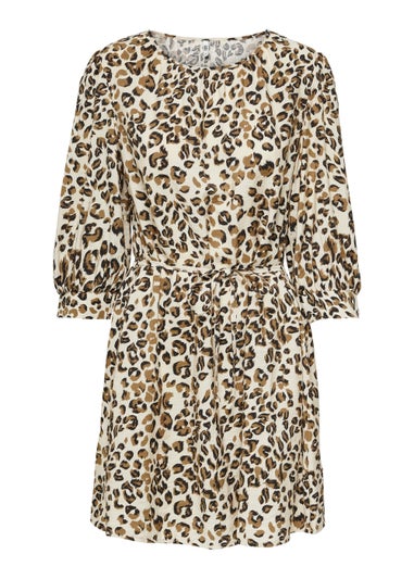 JDY Ava Beige Animal Print 3/4 Sleeve Mini Dress