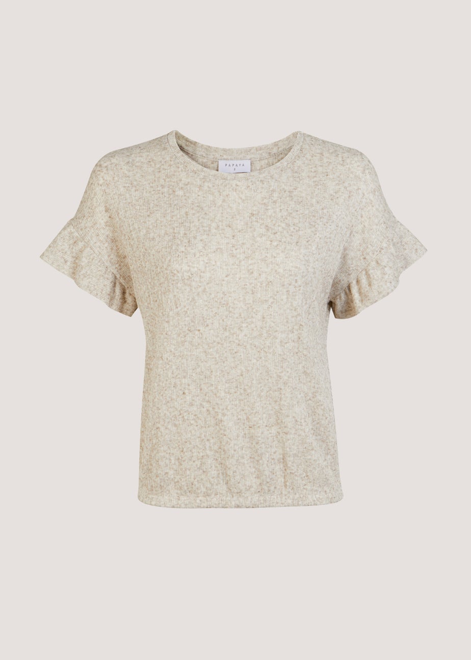 Beige Bubble Hem Frill Sleeve Top