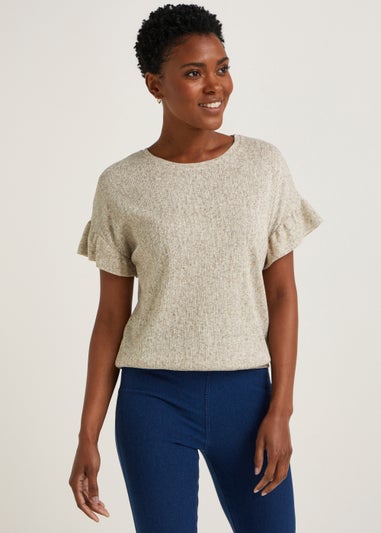 Beige Bubble Hem Frill Sleeve Top