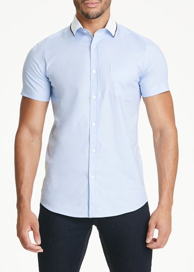 Blue Oxford Knitted Collar Short Sleeve Shirt