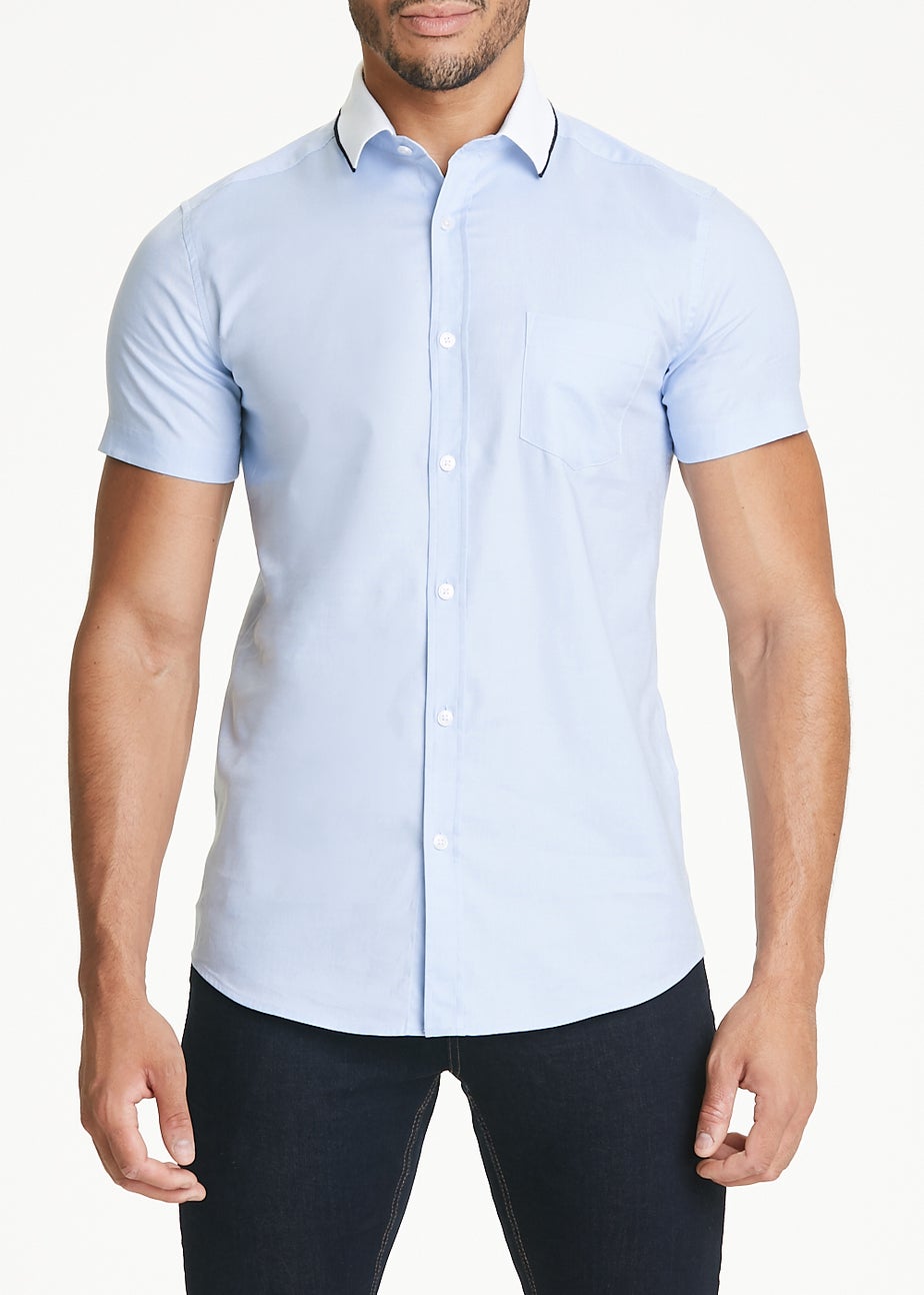 Blue Oxford Knitted Collar Short Sleeve Shirt