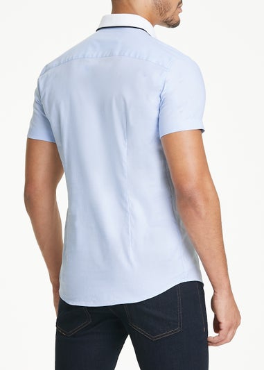 Blue Oxford Knitted Collar Short Sleeve Shirt