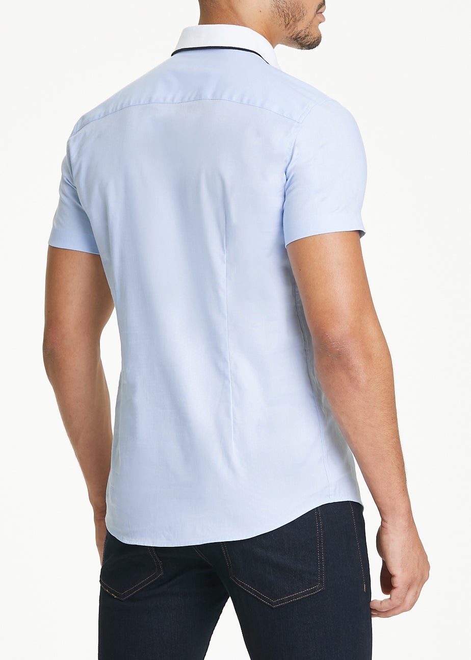 Blue Oxford Knitted Collar Short Sleeve Shirt