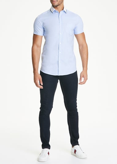 Blue Oxford Knitted Collar Short Sleeve Shirt