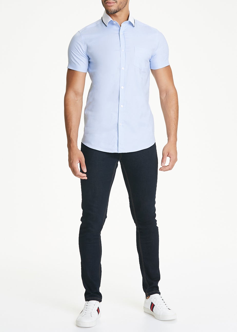 Blue Oxford Knitted Collar Short Sleeve Shirt