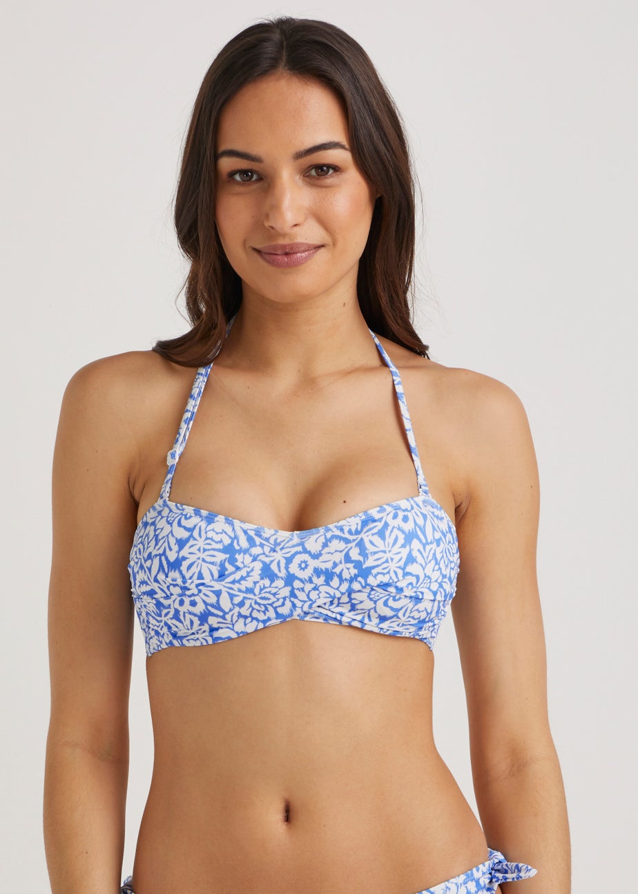 Blue Floral Twist Bandeau Bikini Top