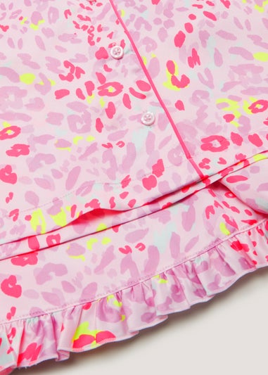 Girls Pink Leopard Satin Button Up Pyjama & Scrunchie Set (4-13yrs)