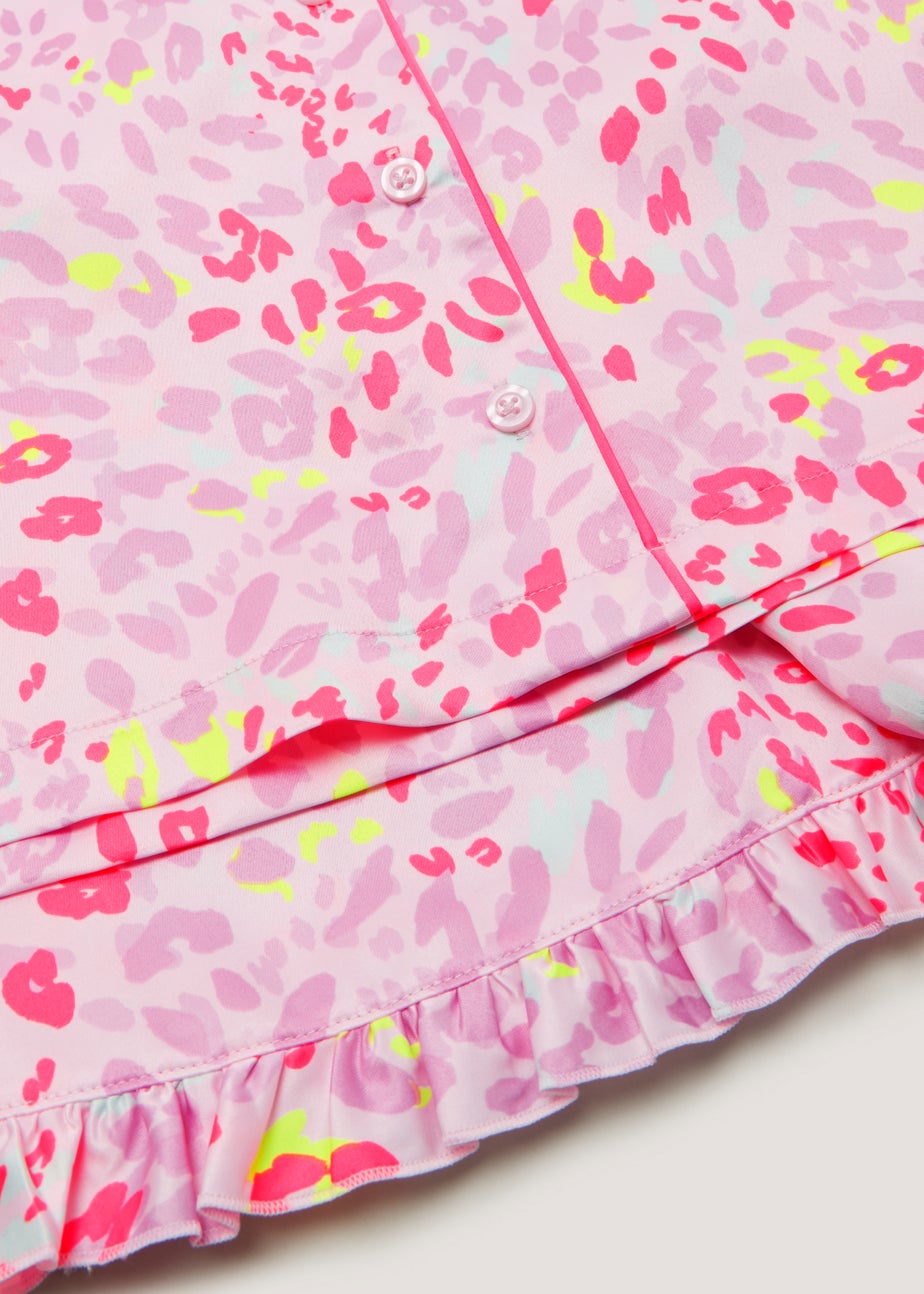 Girls Pink Leopard Satin Button Up Pyjama & Scrunchie Set (4-13yrs)