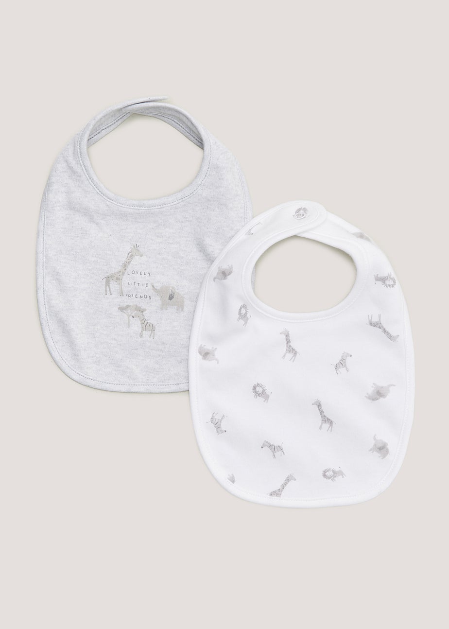 2 Pack White & Grey Safari Animal Bibs