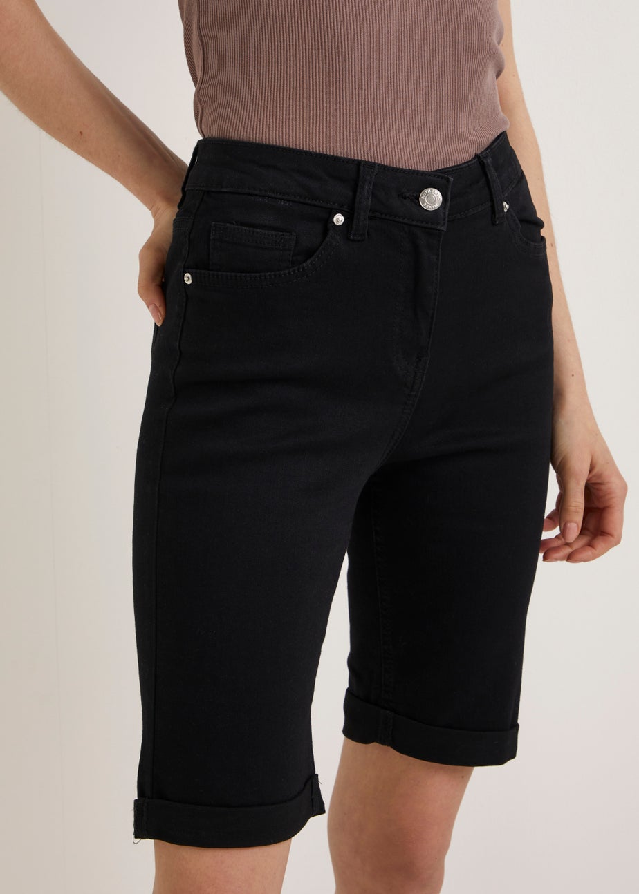 April Black Denim Knee Length Shorts