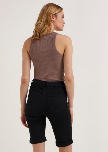 April Black Denim Knee Length Shorts