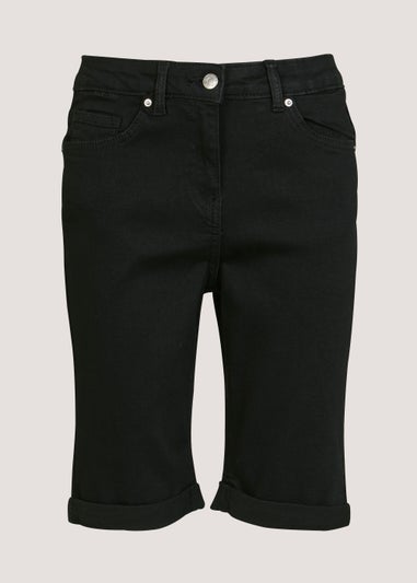 April Black Denim Knee Length Shorts