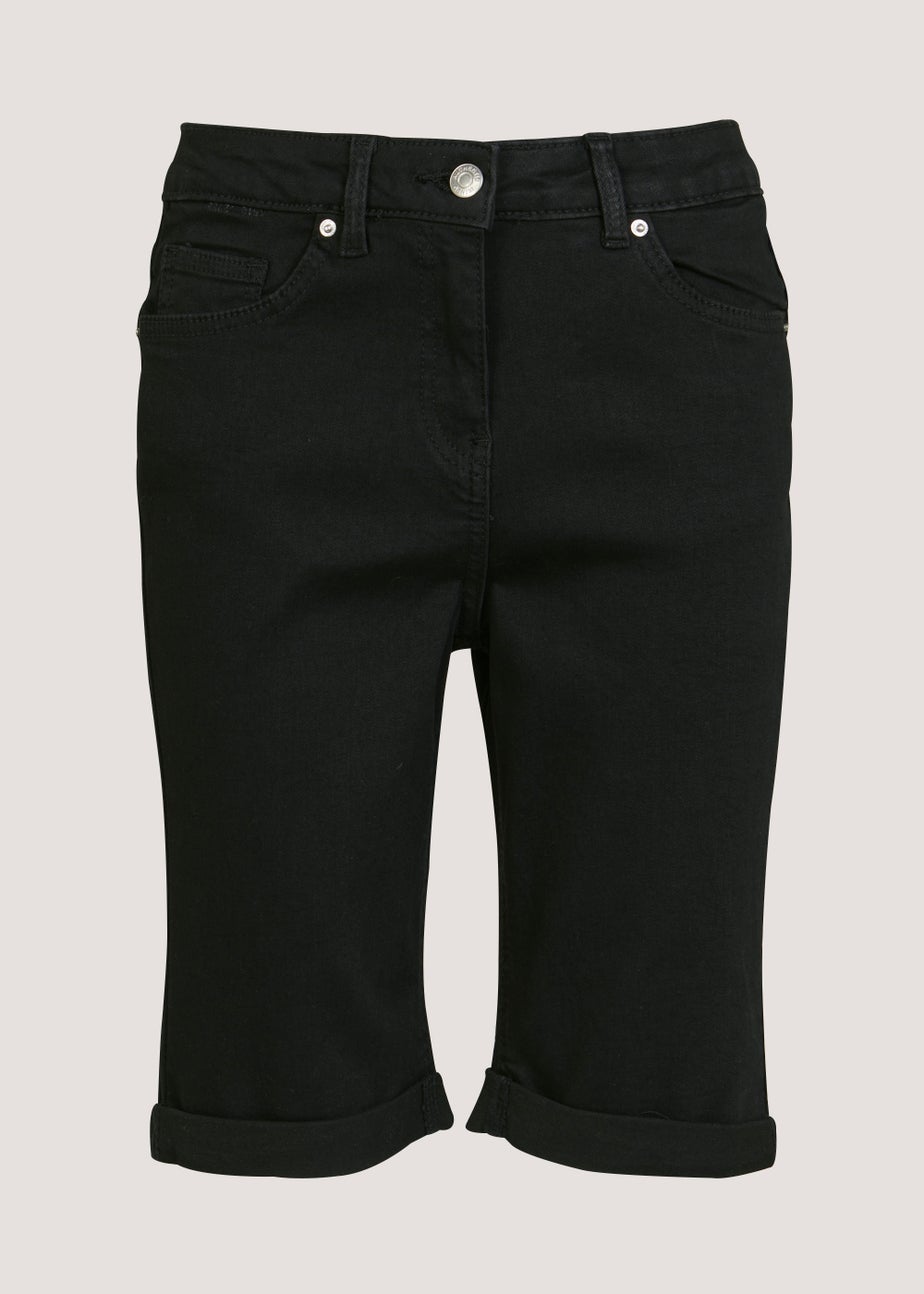 April Black Denim Knee Length Shorts