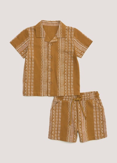 Boys Mini Me Tan Aztec Shirt & Shorts Co-Ord Set (9mths-6yrs)