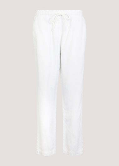 White Linen Blend Tapered Trousers