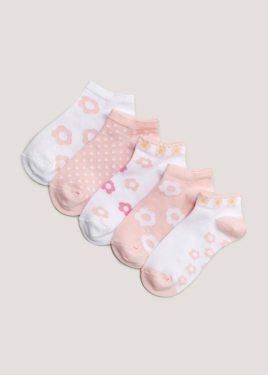 Girls 5 Pack Pink & White Flower Trainer Socks (Younger 6-Older 5.5)