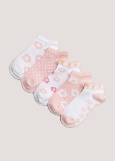 Girls 5 Pack Pink & White Flower Trainer Socks (Younger 6-Older 5.5)