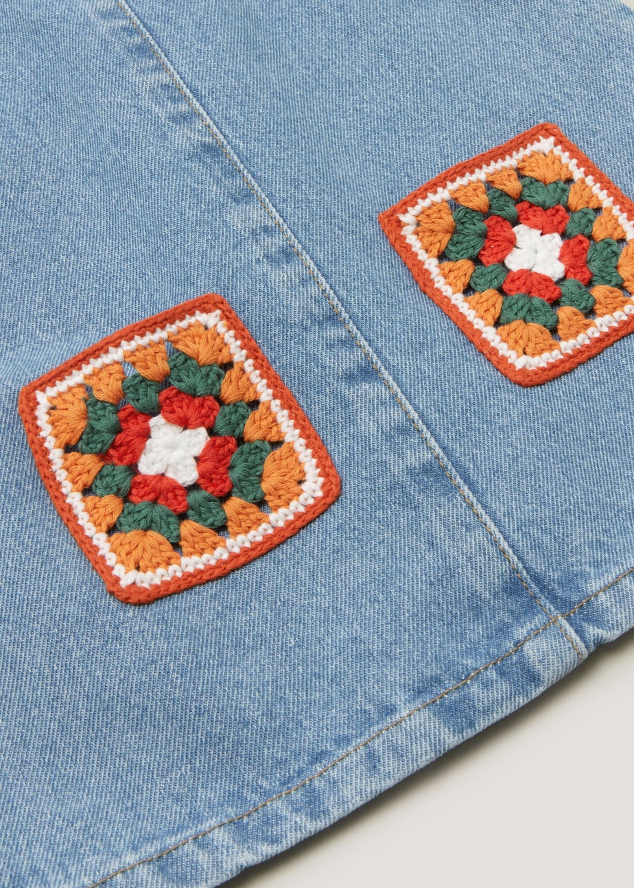 Girls Denim Crochet Patch Pinafore Dress (9mths-6yrs)