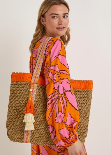 Natural Orange Webbing Straw Bag