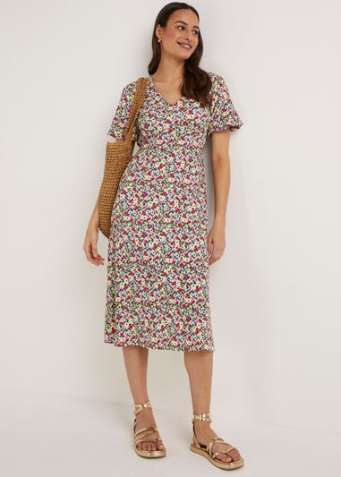 Multicoloured Floral Crinkle Midi Dress