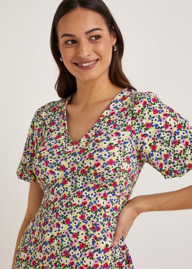 Multicoloured Floral Crinkle Midi Dress