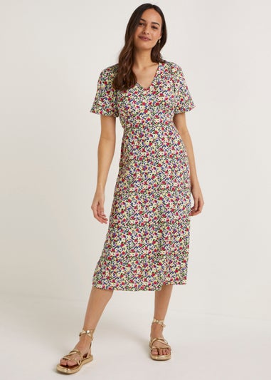 Multicoloured Floral Crinkle Midi Dress