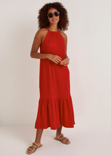 Red Crinkle High Apex Midi Dress