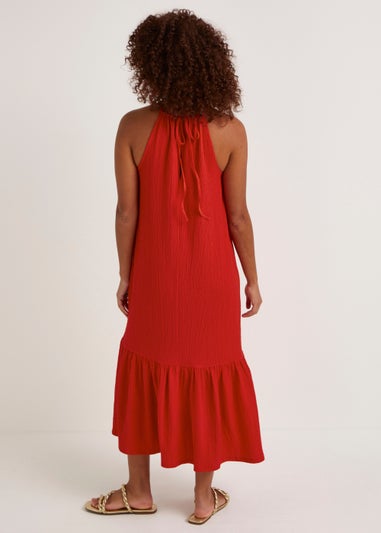 Red Crinkle High Apex Midi Dress