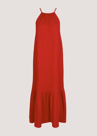 Red Crinkle High Apex Midi Dress