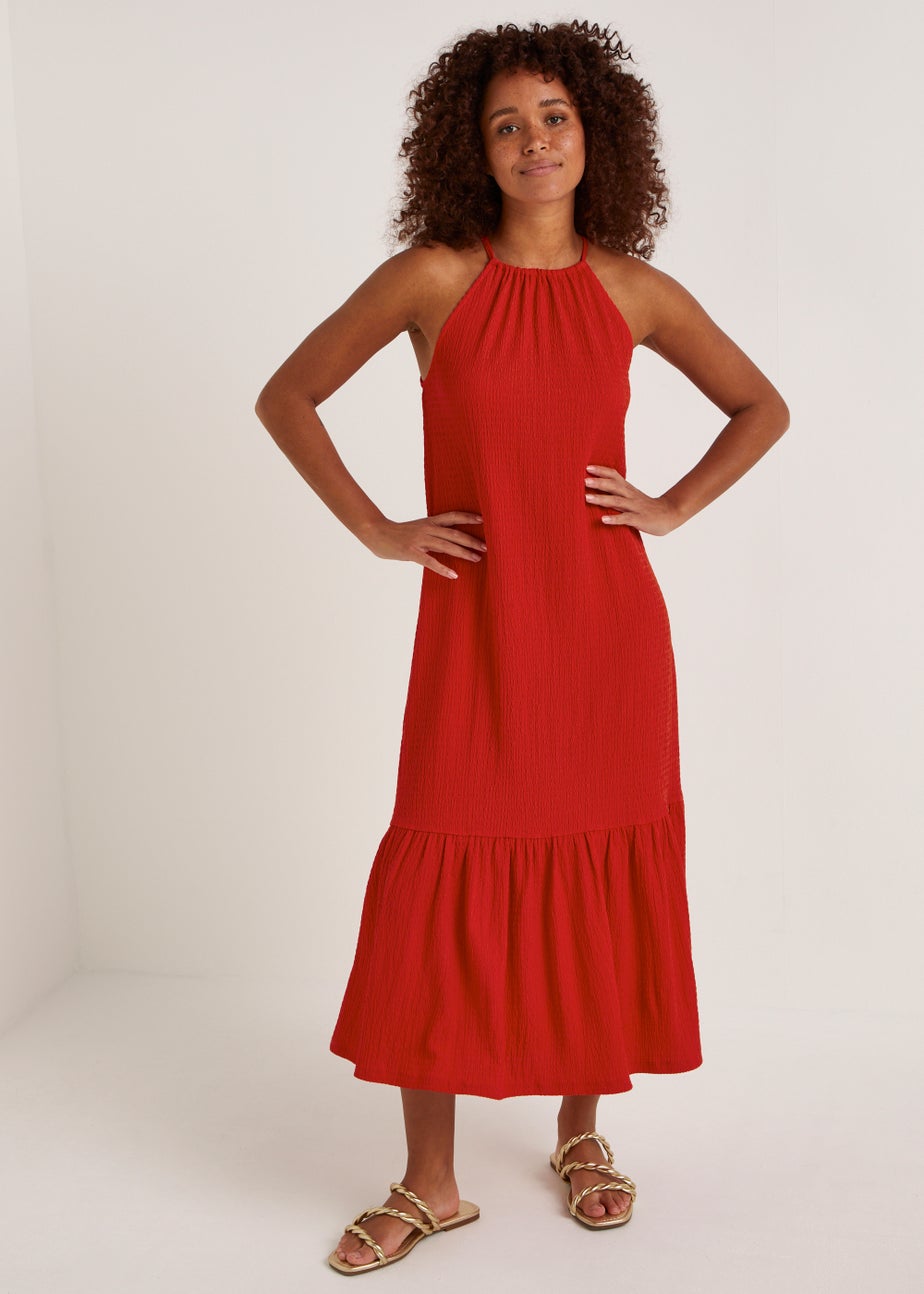 Red Crinkle High Apex Midi Dress