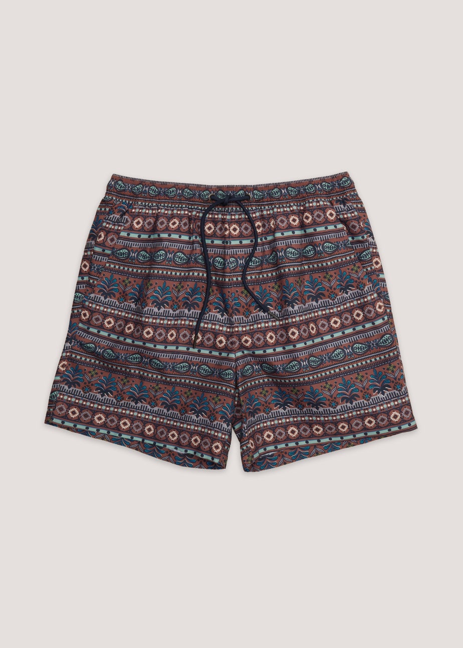 Brown Tribal Print Swim Shorts