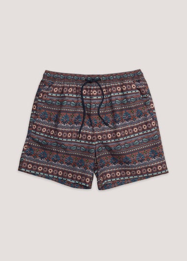 Brown Tribal Print Swim Shorts