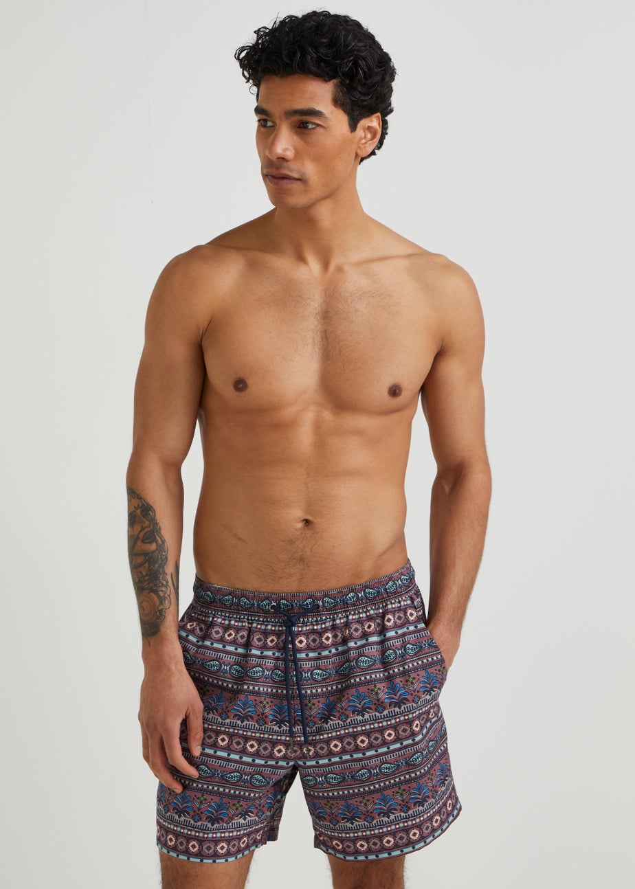 Brown Tribal Print Swim Shorts