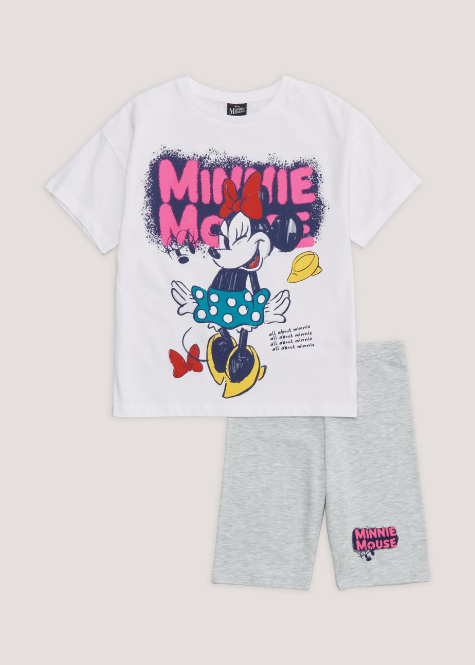 Kids White Minnie Mouse Graffiti Print T-Shirt & Shorts Set (4-11yrs)