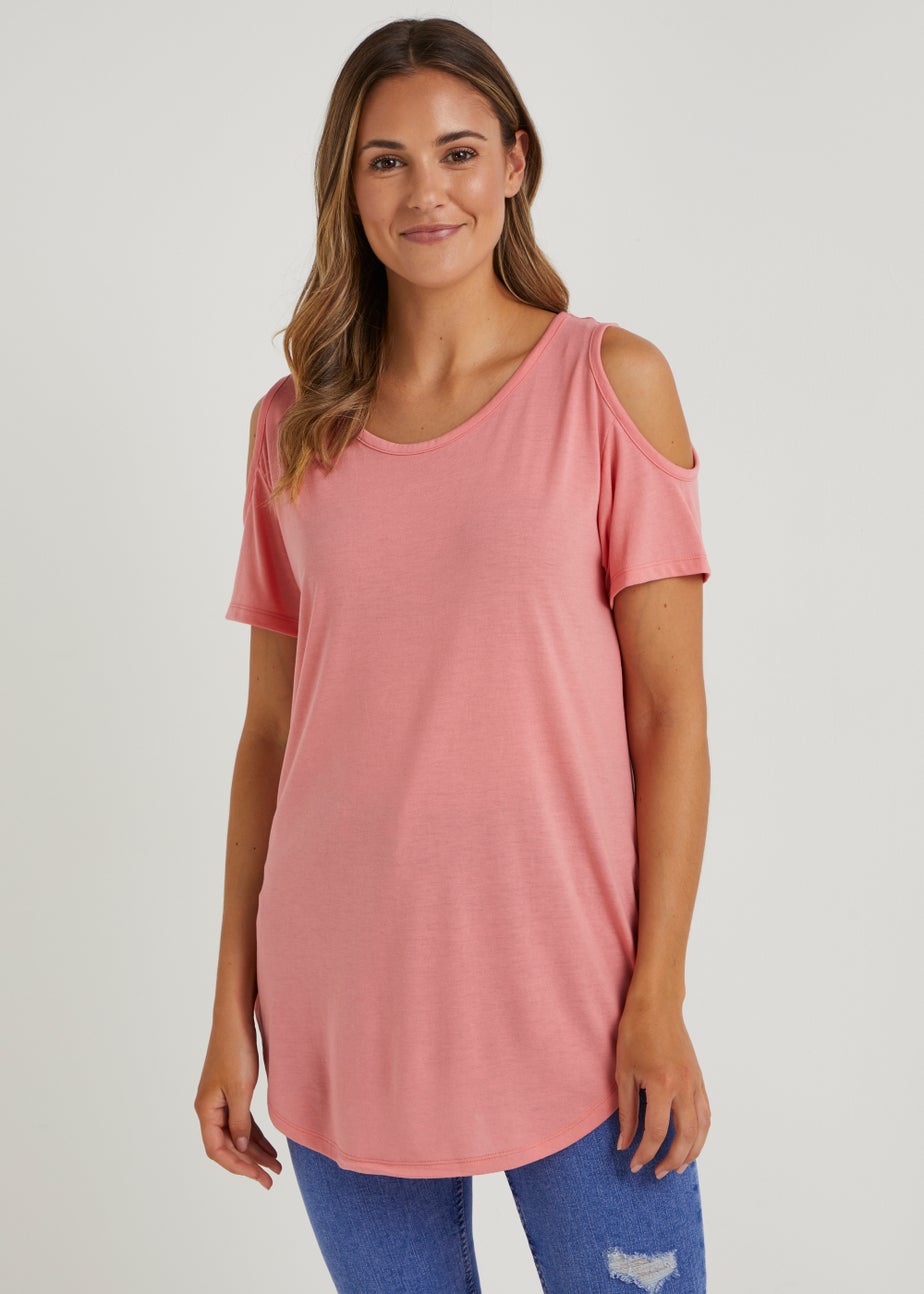Pink Longline Cold Shoulder T-Shirt