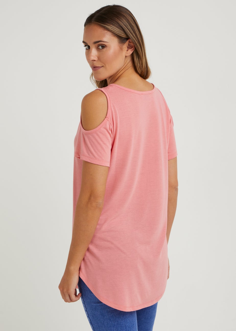 Pink Longline Cold Shoulder T-Shirt