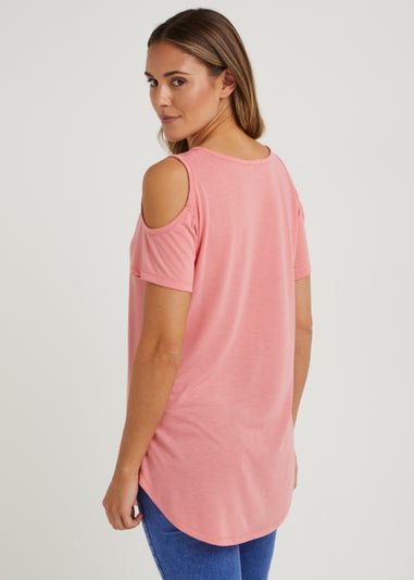 Pink Longline Cold Shoulder T-Shirt