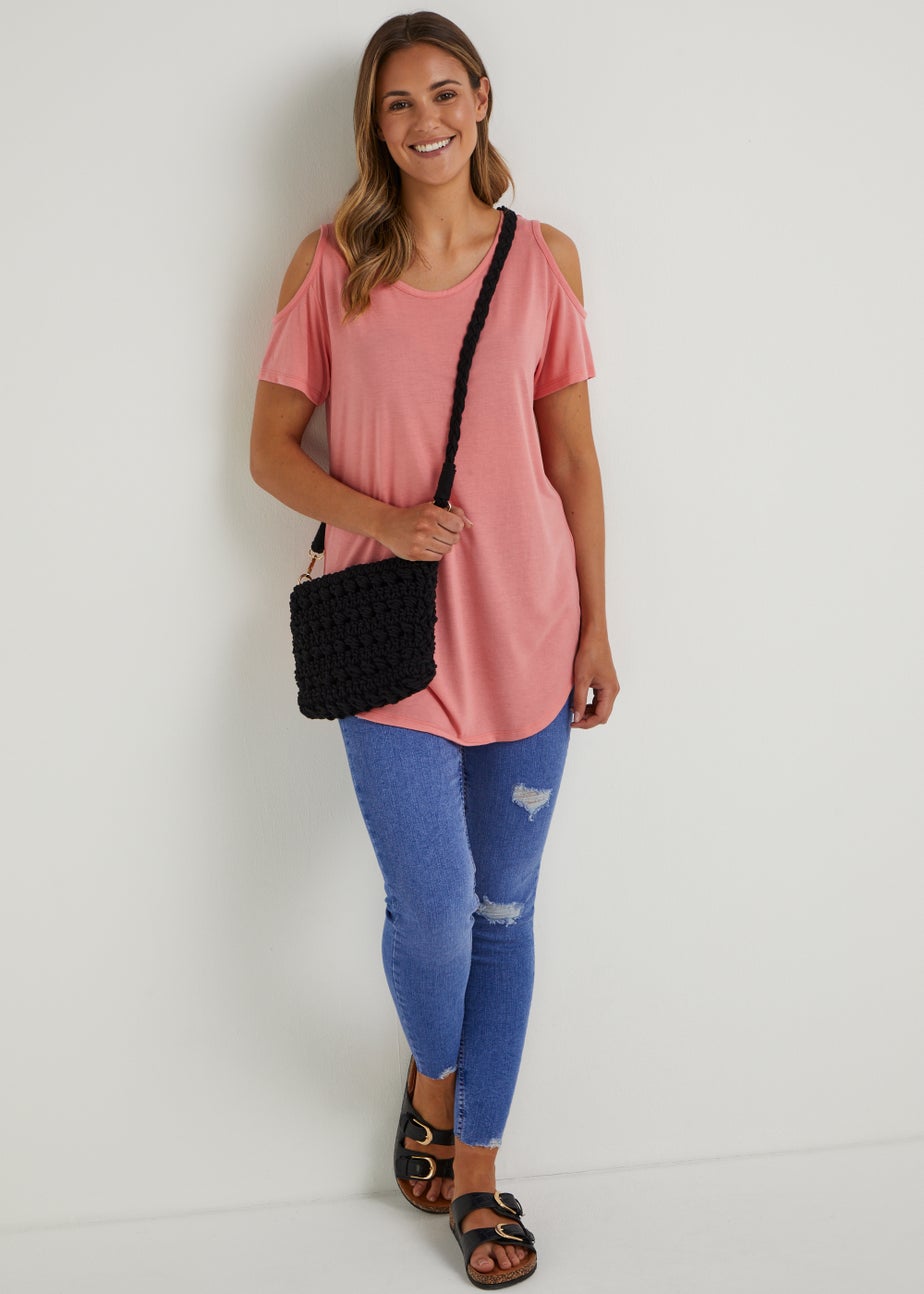 Pink Longline Cold Shoulder T-Shirt