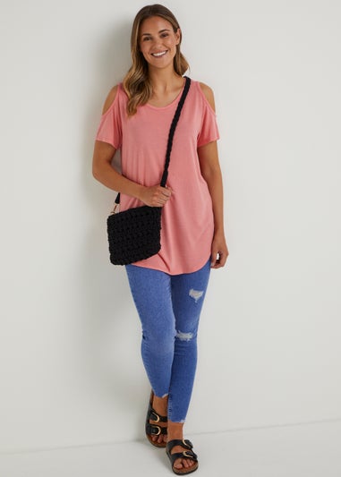 Pink Longline Cold Shoulder T-Shirt