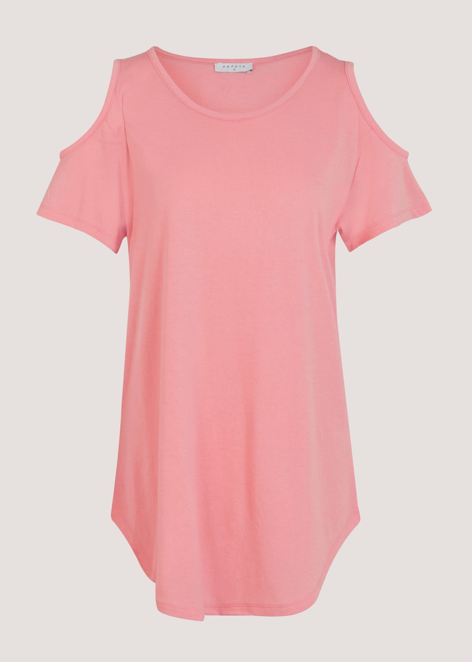 Pink Longline Cold Shoulder T-Shirt