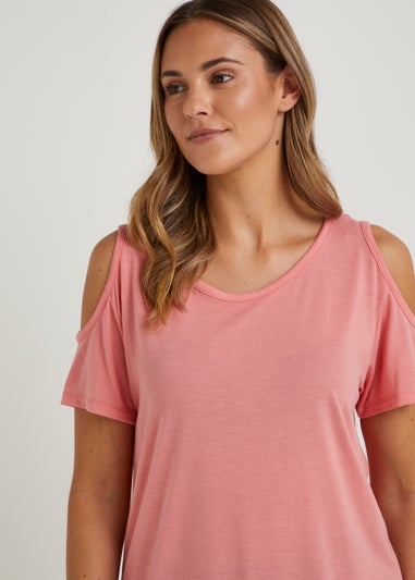 Pink Longline Cold Shoulder T-Shirt