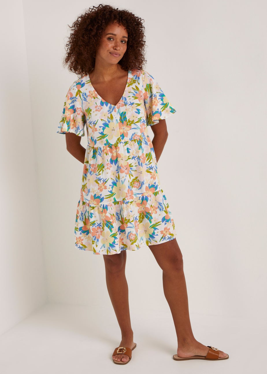 Multicoloured Floral Linen Blend Tiered Mini Dress