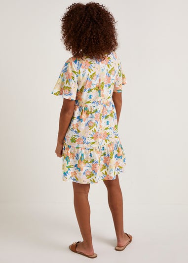Multicoloured Floral Linen Blend Tiered Mini Dress