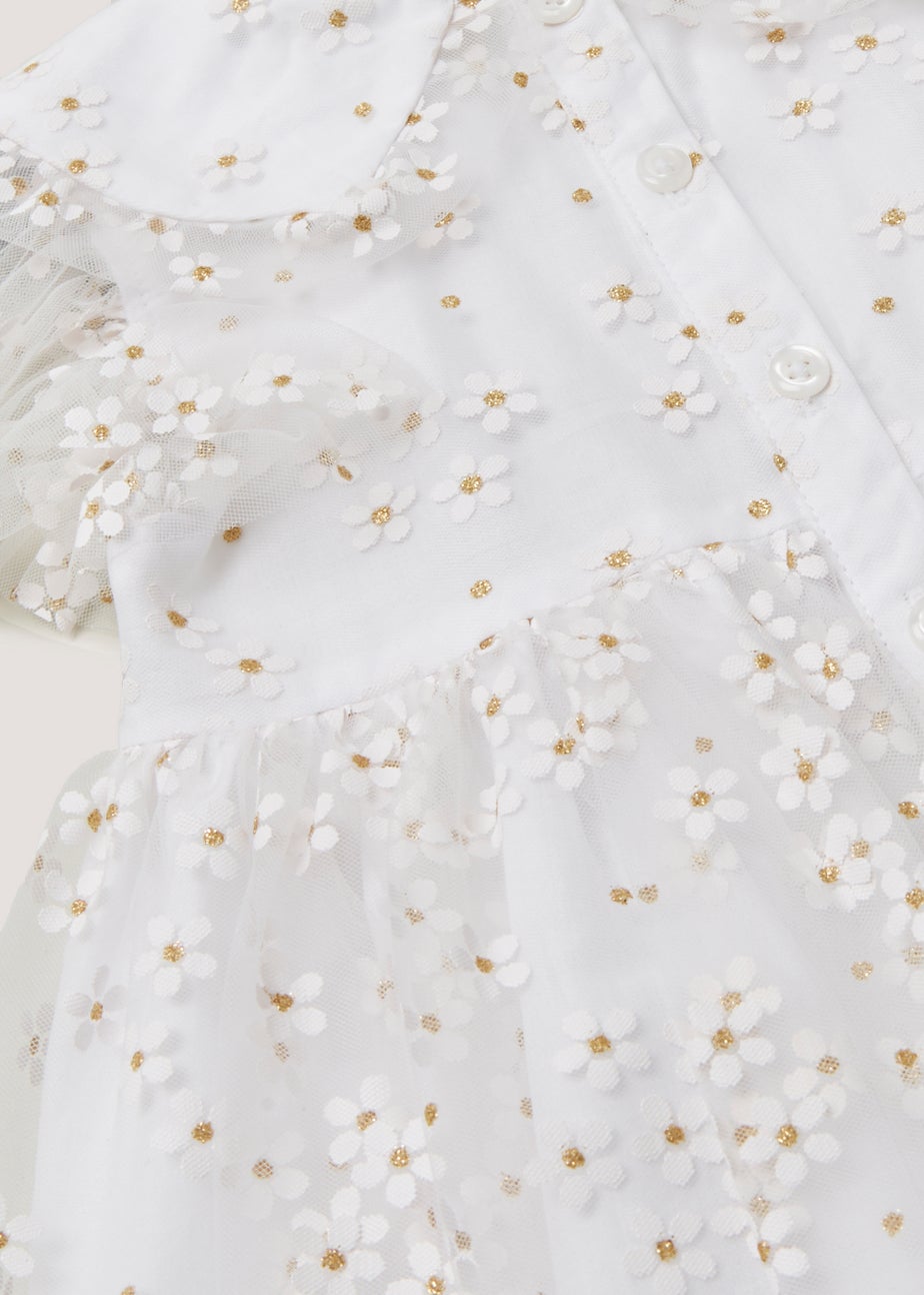 Girls White Daisy Print Mesh Dress (9mths-6yrs)