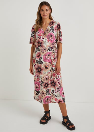 Multicoloured Flower Print Wrap Midi Dress