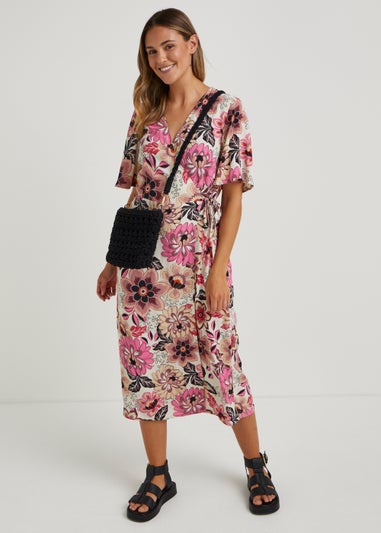 Multicoloured Flower Print Wrap Midi Dress