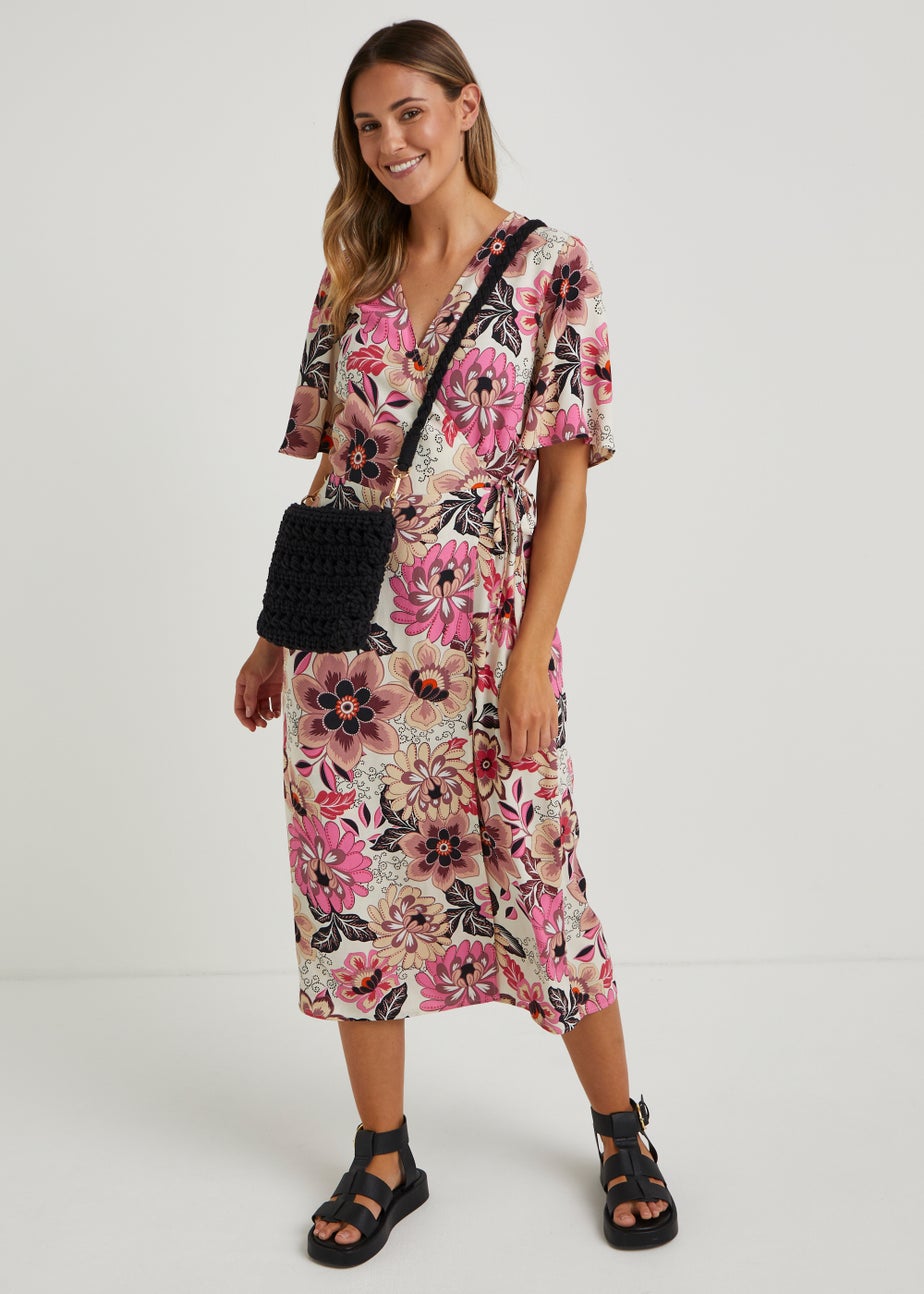 Multicoloured Flower Print Wrap Midi Dress