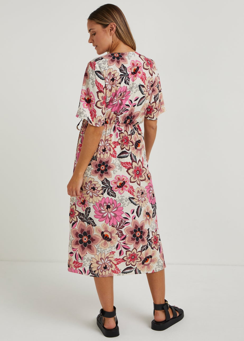 Multicoloured Flower Print Wrap Midi Dress