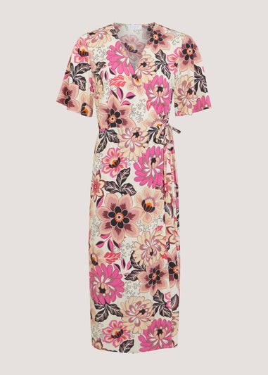 Multicoloured Flower Print Wrap Midi Dress
