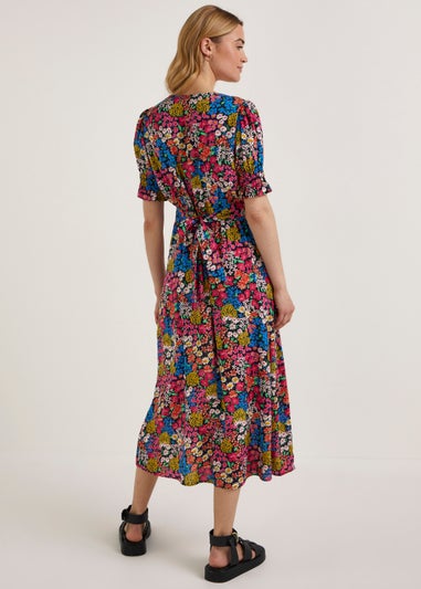Multicoloured Ditsy V-Neck Short Sleeve Midi Dress